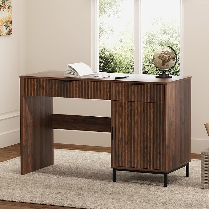 47" Fluted Executive Desk, Modern Wood Home Office Desk with Charging Station, Drawer & Cabinet, Computer Writing Desk for Work Study, Brown