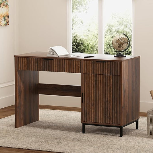 47" Fluted Executive Desk, Modern Wood Home Office Desk with Charging Station, Drawer & Cabinet, Computer Writing Desk for Work Study, Brown
