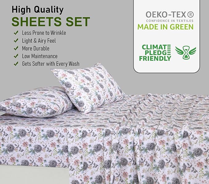 RUVANTI 100% Cotton Sheets Queen Size Set, 4 Pieces, Soft & Breathable Percale Weave Bedding, Deep Pocket 16", Hotel Standard, Crisp Cool Feeling, Durable, Perfect Floral Bed Sheet, Dandelion Field