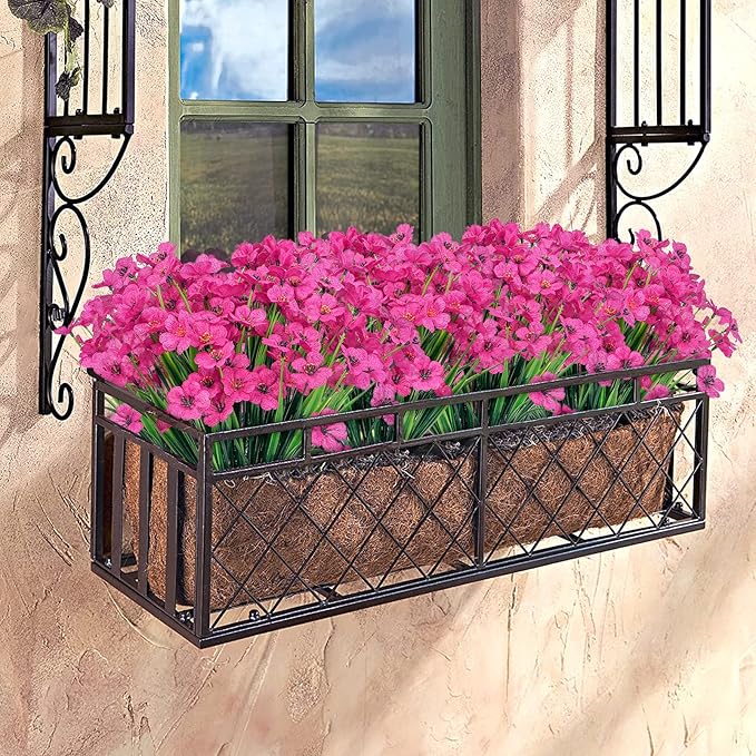 Ouddy Decor 24 Bundles Artificial Flowers for Decorations Fake Silk Plants for Outdoors UV Resistant Faux Plastic Greenery Stems for Garden Porch Window Box Home Spring Decor, Rose Red