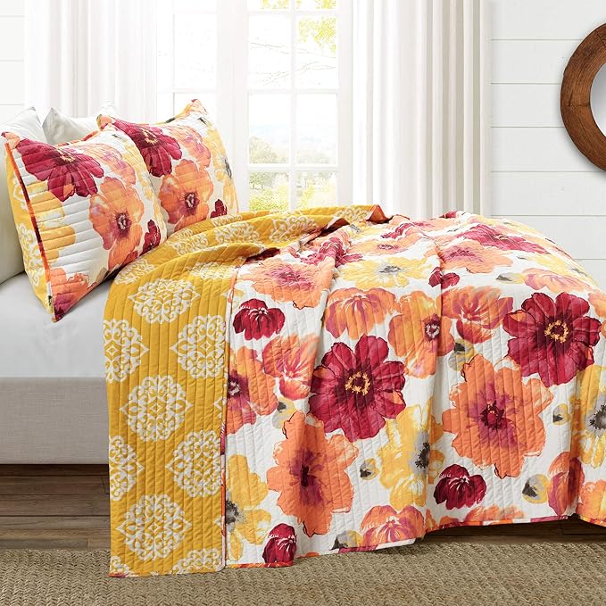 Lush Decor Leah Reversible Floral Quilt Set, 3 Piece Set, Full/ Queen, Red & Orange - Watercolor Botanical - Cottage Core - French Country Decor- Bedding Queen Size