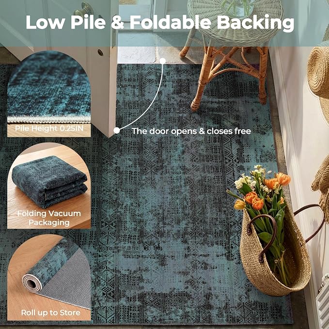 Kokia Abstract Area Rugs 9x12 Bedroom Washable Decor Low Pile Non-Slip Non-Shedding Indoor Deep Teal Carpet Foldable Stain Resistant Floor Mat Living Room Dining Room, Ocean Teal