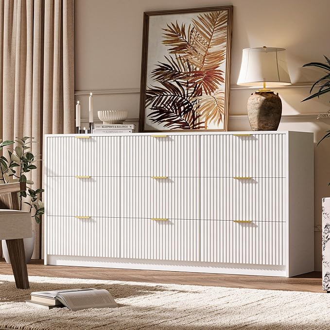 3-Piece Dresser Bedroom Set, 9 Drawer Dresser & 3 Drawer Nightstands with Gold Handles, Fluted Wood Chest of Drawers for Bedroom, Living Room, Entryway, White
