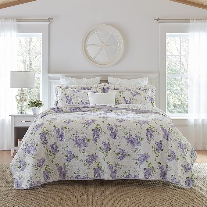 Laura Ashley - King Quilt Set - Cotton Reversible Bedding with Matching Shams, Lightweight & Soft Decor (Keighley Lilac, King)