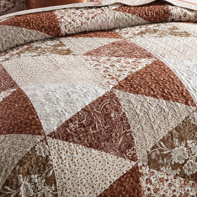 HoneiLife Quilt Set King Size - 3 Piece Microfiber Quilts Reversible Bedspreads Patchwork Coverlets Floral Bedding Set All Season Quilts with Triangle and Floral Print Pattern
