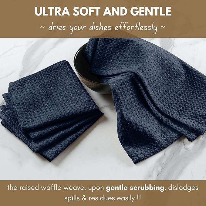 Native Fab 6 Pack Waffle Dish Cloths - 100% Cotton, Absorbent, Quick Drying & Soft Towels for Cleaning, Cooking & Baking - Ideal for Home, Restaurants & Cafes - 12x12 Inches - Navy Blue