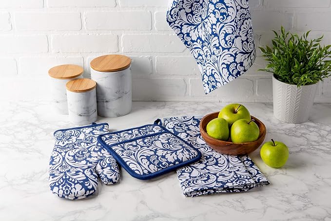 DII Cotton Dish Towel Set Damask Print, 18x28, Nautical Blue, 2 Count