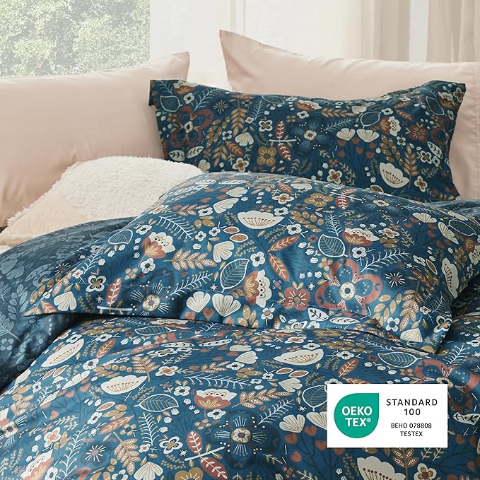 Bedsure Duvet Cover King Size - Reversible Floral Duvet Cover Set with Zipper Closure, 3 Pieces Navy Blue Bedding Set with 8 Corner Ties and 2 Pillow Shams 20"x36"
