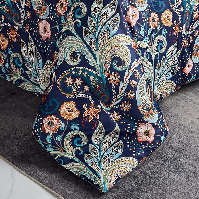 7 Piece Paisley Flower Comforter Set Bed in a Bag Set Queen Size Luxury Dark Blue Vintage Floral Boho Medallion Comforter Soft & Breathable Microfiber Bedding Set for Woman Adults