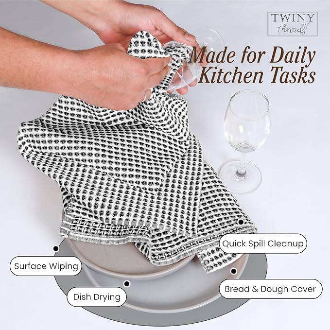TWINY threads 4 Pack Circle Waffle Dish Towels 16x26 Inches, 100% Cotton, Premium Quality Cotton Towel, Quick Drying, Commercial Grade Wash Rags, Ideal for Bar Mops, Modern Kitchens, Black