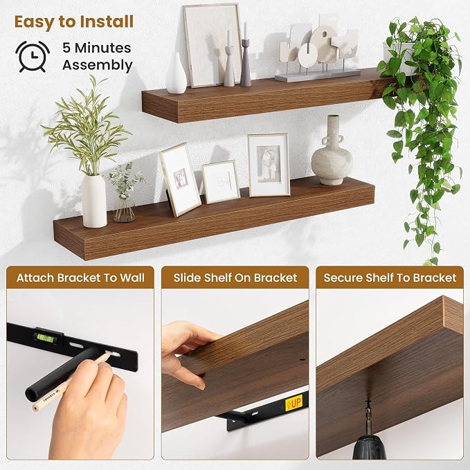 Fun Memories Bathroom Shelves 32 Inch Long Set of 2, Floating Shelves for Wall with Invisible Brackets, for Bedroom, Living Room, Kitchen, Walnut