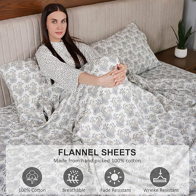 RUVANTI Flannel Sheets Full Size - 100% Cotton Double Brushed Bed Sheets Set, Deep Pockets 16 Inches, All Seasons Breathable & Extra Soft Full Sheets, Warm & Cozy, 4 Piece, Old School Paisley