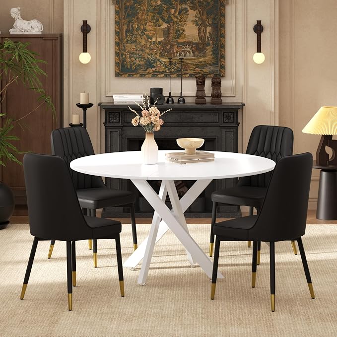 RGZ Mid Century White Round Dining Table Set for 4, 47" Large Wooden Circle Kitchen Table & 4 Black PU Leather Kitchen Chairs, Dinner Table Set for Home, Apartment, Dining Room