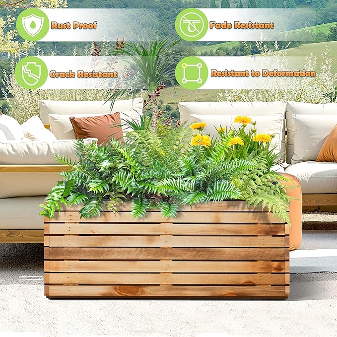 Metal Planter Box Rectangular Planter Box with Drainage Hole, Outdoor Large Planters, All-Weather Use, Rust-Resistance, for Flowers Plants, 38" L × 15" W × 16.3" H, Dark Walnut