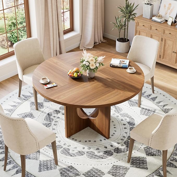 Garvee 47" Round Dining Table for 4-6 People - Circle Kitchen Dinner Table with Sturdy Pedestal Base, Space Saving Dinning Room Furniture for Living Room, Kitchen, Apartment, Brown
