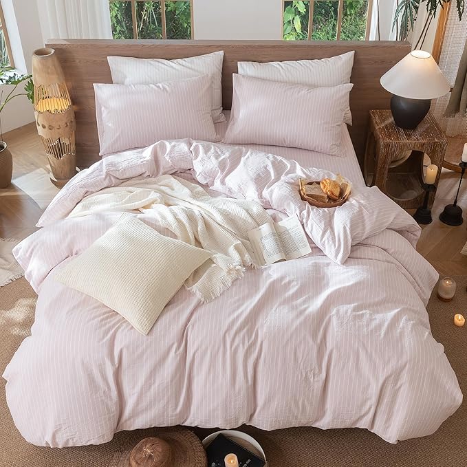 MooMee Striped Duvet Cover Set 100% Washed Cotton Linen Like Textured Breathable Durable Soft Comfy (Heathered Greyish Pink White Wide Stripes, Twin 68"x90")