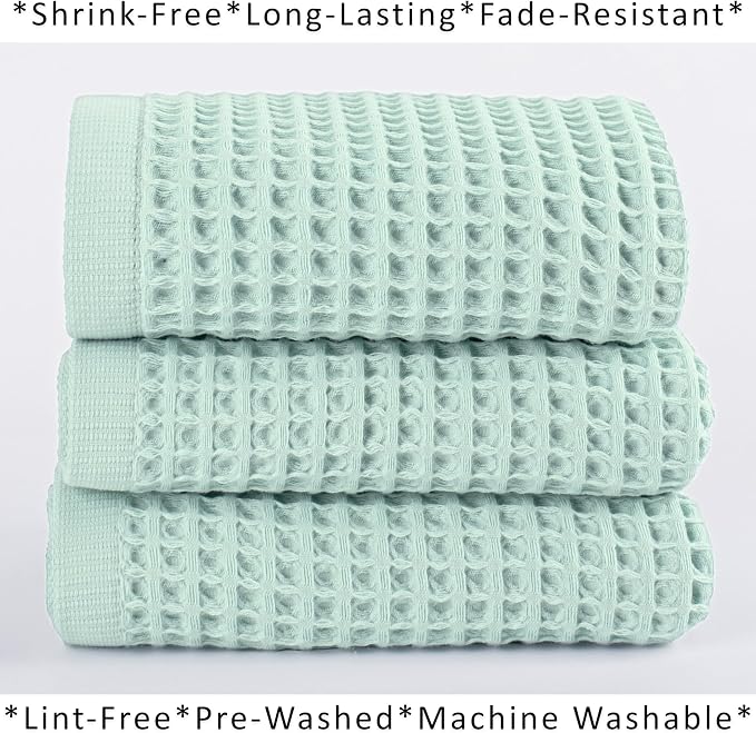 PÜSKÜL Natural 100% Turkish Cotton Waffle Kitchen Towels Set of 3 | Oeko-Tex, Premium Waffle Hand Towels for Bathroom | Soft Absorbent Quick-Dry Lint-Free Dish Towel Large 32x16 inch (3, Ice Green)