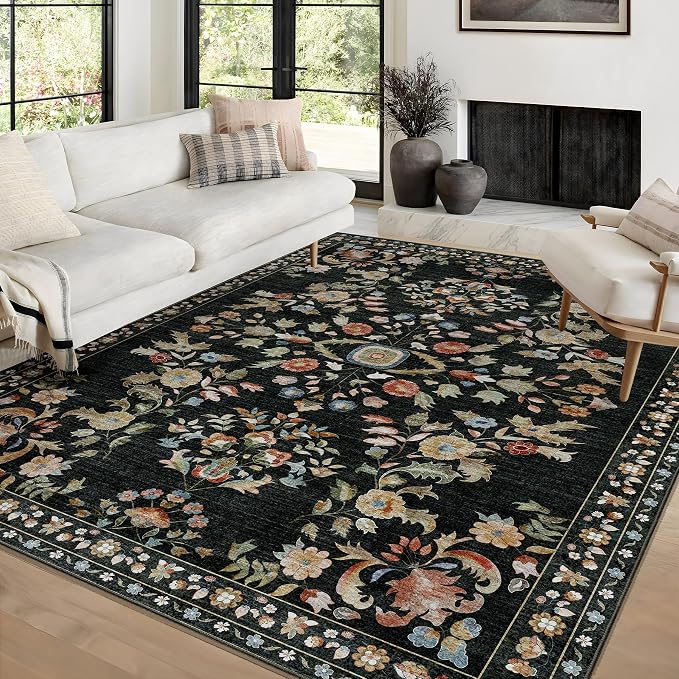 MUJOO Black Rug 6x9,Washable Floral Rugs for Living Room Bedroom Dining Room,Boho Indoor Floor Rug Large Non Slip Throw Carpet Low Pile Vintage