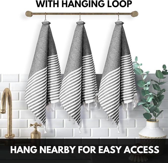 Turkish Kitchen Towels 18x26 Inches with Tassels - 4 Pack - Absorbent, Durable, Soft 100% Cotton Dish Towels for Drying & Cleaning - Machine Washable, Quick Dry - Black