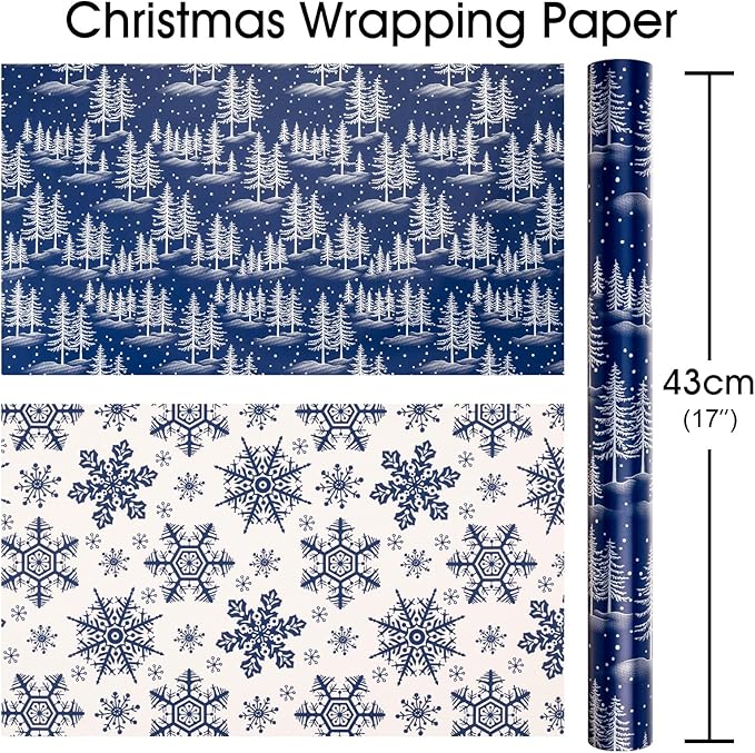 MAYPLUSS Christmas Wrapping Paper Roll - 17IN X 33FT - Blue Gift Wrapping Paper Featuring Christmas Tree Against Navy Blue Reversible Snowflke for Kids, Holiday, New Year