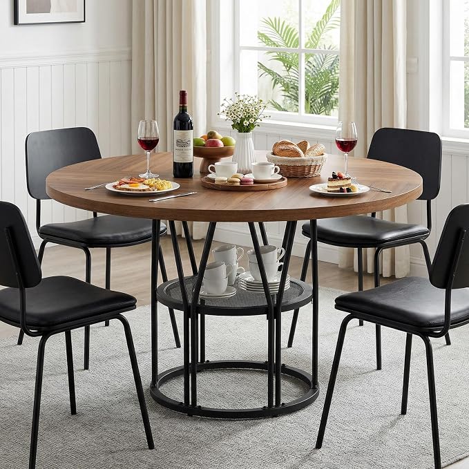 Garvee Round Dinning Table for 4-6 - 47" Circle Dinner Table with Storage Shelf & Sturdy Metal Frame, Modern Breakfast Tea Tray for Kitchen, Living Room, Apartment, Office, Brown