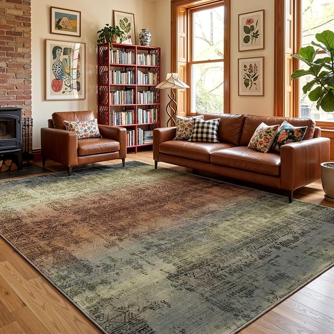 Kokia Abstract Area Rugs 8x10 Bedroom Soft Living Room Rugs Washable Distressed Vintage Comfy Carpet with Non-Slip Backing for Farmhouse Home Office Room Decor, Warm Brown and Dark Sage Green