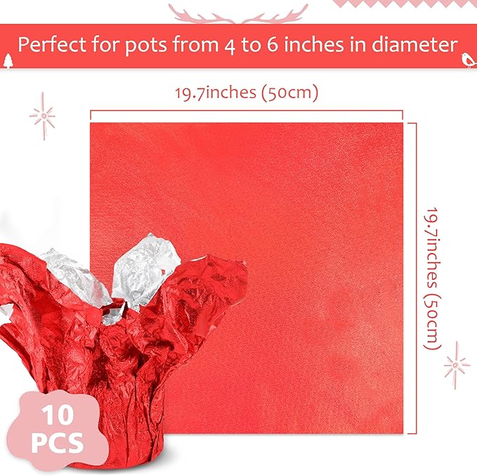 10 PCS Foil Wrap for Potted Plant, 19.7×19.7 inches Red Floral Foil Plant Pot Covers, Matte Texture Wrapping Paper for Christmas Plant Pot, Foil Wrapping Paper for DIY Christmas Flower Pot (Red)