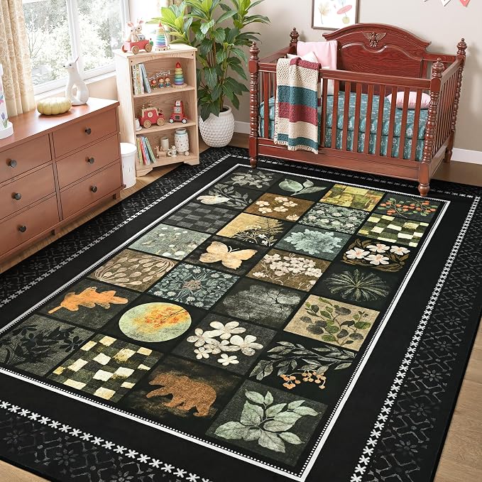 Tepook 4x6 Area Rugs for Living Room, Modern Large Geometric Rug for Bedroom, Washable Patchwork Rug Indoor Non Slip Throw Carpets for Dining Room Office Farmhouse Home Decor, Black