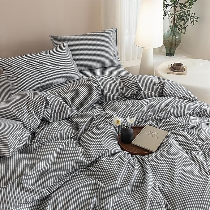 JIYUAN 100% Washed Cotton Striped Duvet Cover Set 3 Pieces Queen, 1 Duvet Cover and 2 Pillowcases(Comforter Not Included),Linen Like Comfy and Breathable,Pinstripes-Heathered Dark Grey White
