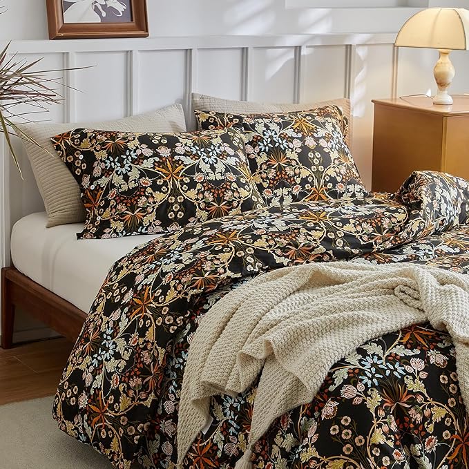 mixinni Vintage Floral Duvet Cover King Size Farmhouse Boho Duvet Cover Set Cotton Percale Flowers Pattern Printed Bedding Set with 2 Pillowcases Perfect for Him and Her-King Size