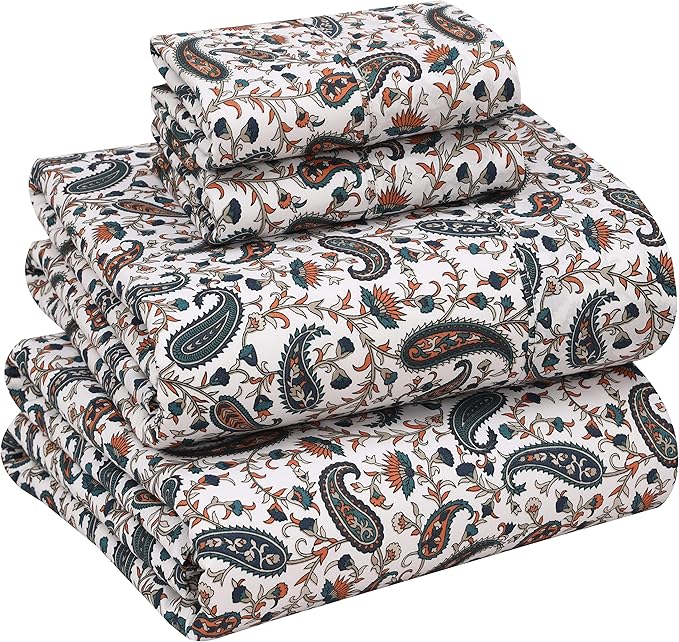 RUVANTI 100% Cotton Full Size Bed Sheets, 4 Pieces, Soft & Breathable Percale Weave Bedding, Deep Pocket 16", Hotel Standard, Crisp Cool Feel, Durable, Perfect Sheet Set Floral, Teal Paisley