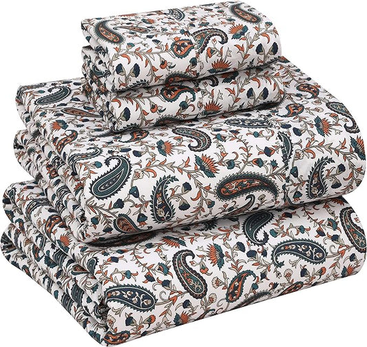 RUVANTI 100% Cotton Full Size Bed Sheets, 4 Pieces, Soft & Breathable Percale Weave Bedding, Deep Pocket 16", Hotel Standard, Crisp Cool Feel, Durable, Perfect Sheet Set Floral, Teal Paisley