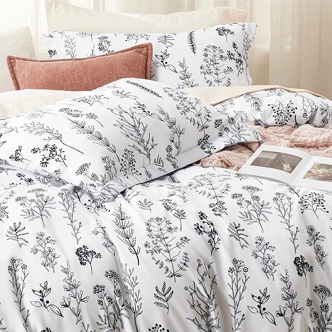 Bedsure Twin/Twin XL Duvet Cover - Reversible White Duvet Cover Set with Zipper Closure, 2 Pieces Cute Floral Patterned Bedding Set with 8 Corner Ties and 1 Pillow Sham