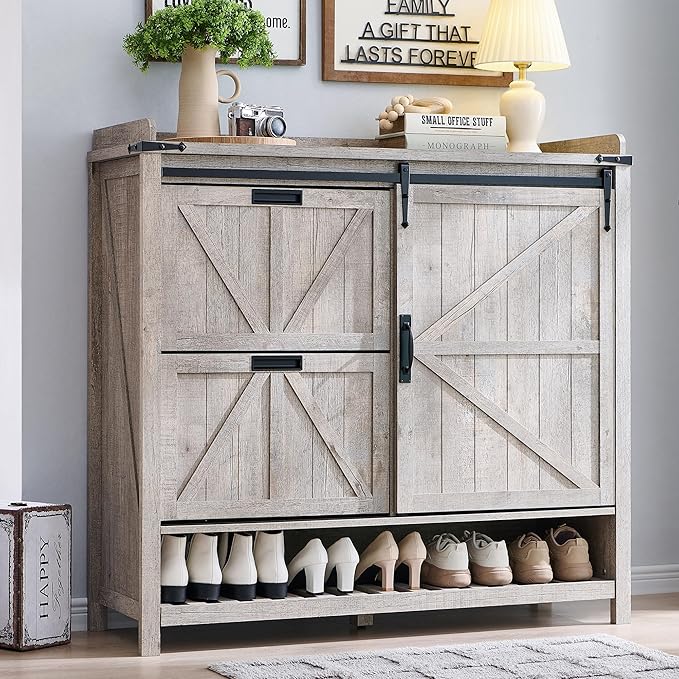 OKD Shoe Storage Cabinet with 2 Flip Drawers & Sliding Door, Farmhouse Entryway Shoe Organizer, Freestanding Rustic Hidden Shoe Rack Cabinet for Entryway, Light Rustic Oak