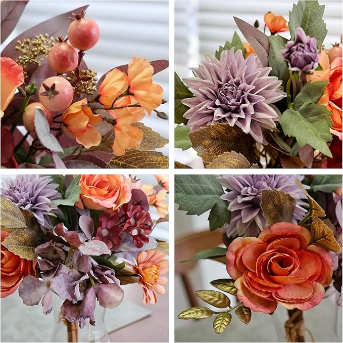 Set of 2 Fall Themed Artificial Flowers Bouquets for Fall Decor, Life-Like Autumn Colored Faux Peonies Dahlias Daises Berries Bouquets for Vase, Fall Floral Arrangement for Home Table Centerpiece