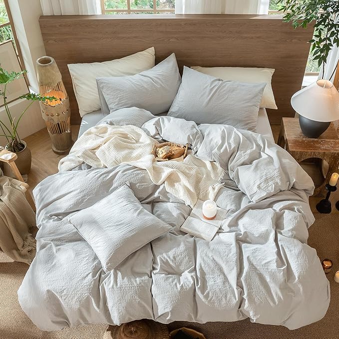 MooMee Wavy Striped Duvet Cover Set 100% Washed Cotton Linen Like Textured Breathable Durable Soft Comfy (Light Grey, Queen 90"x90")