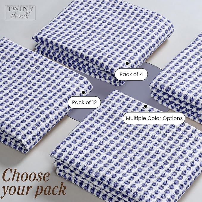 TWINY threads 4 Pack Circle Waffle Tea Towels 16x26 Inches, 100% Cotton, Heavy Duty, Thick, Absorbent, Professional Grade Dish Cloths, Ideal for Restaurants, Bars, Heavy Duty Use, Indigo Blue