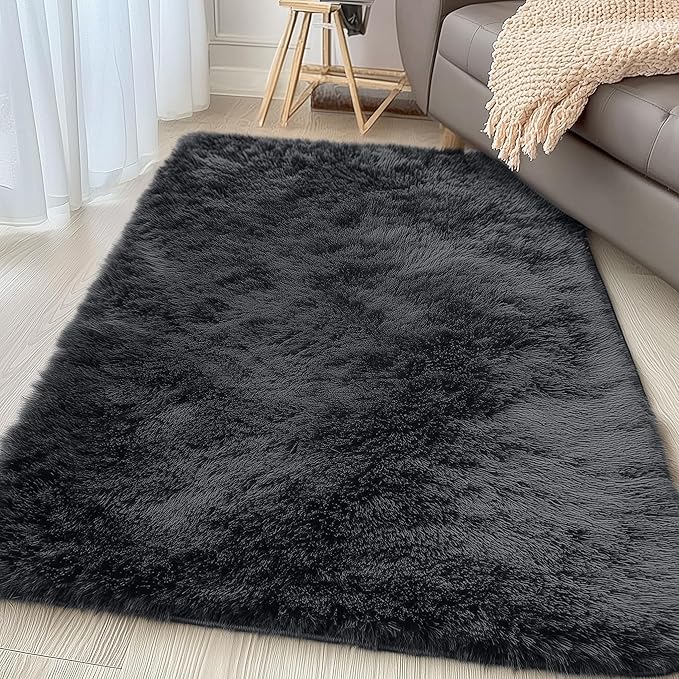 OLANLY 4x5 Machine Washable Accent Rug, Soft Fluffy Shaggy Area Rug for Bedroom, Living Room, Indoor Floor Carpet for Kids, Nursery, Home Decor, Black