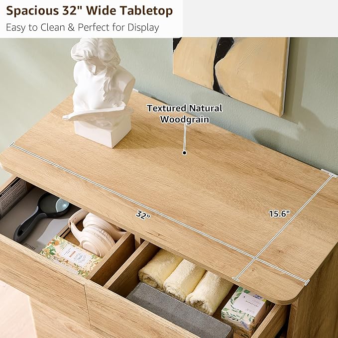 JXQTLINGMU 6 Drawer Dresser for Bedroom, 42" Tall Modern Push-to-Open Chest of Drawers, Wood Storage Organizer w/Curved Profile & Handleless Design for Bedroom, Living Room, Natural Oak