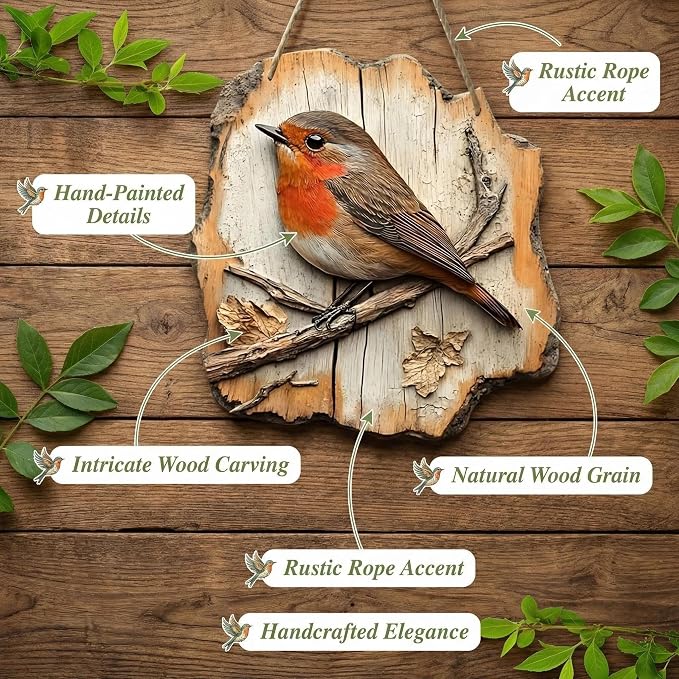 Cumuul Handmade Boxwood Bird Wall Hanging - Vintage 2D Bird Wooden Signage, Rustic Farmhouse Robin Bird Wall Decor, Wood Texture, Indoor Outdoor Garden Decoration (#3)