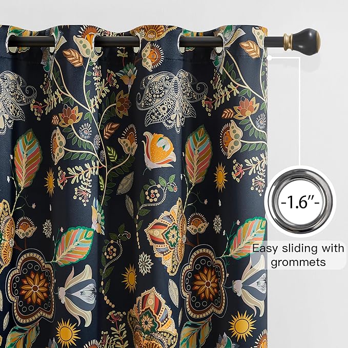 XiDi Floral Blackout Bedroom Curtains 63 Inches Long 2 Panels Room Darkening Thermal Insulated Vintage Mid Century Modern Curtains Patterned Flower Leaf Grommet Drapes for Home Decor 52x63 Navy Blue