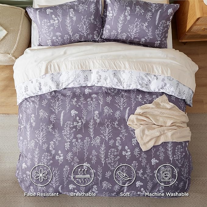Bedsure Duvet Cover Queen Size - Reversible Grayish Purple Queen Duvet Cover Set with Zipper Closure, 3 Pieces Cute Floral Patterned Bedding Set with 8 Corner Ties and 2 Pillow Shams