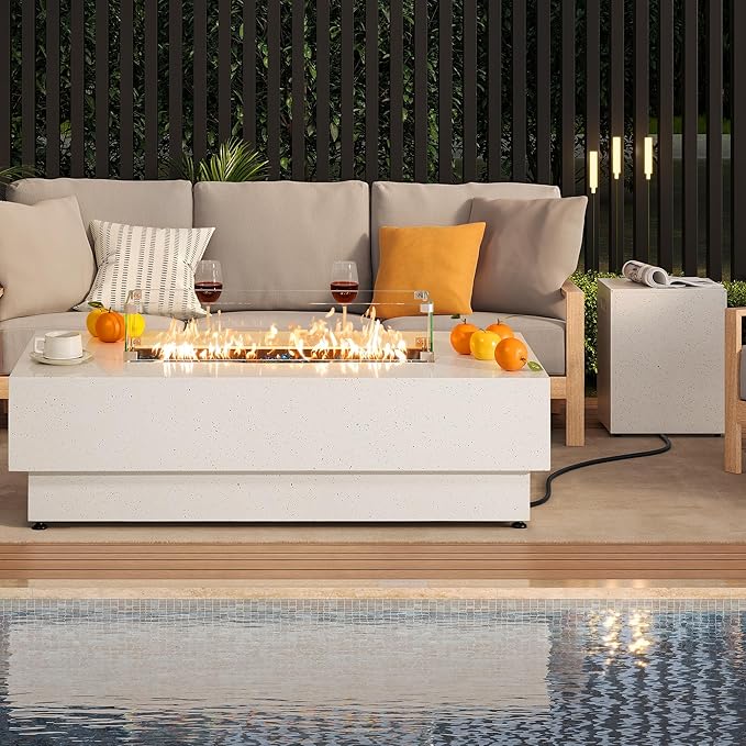 IRONCK 50-Inch Outdoor Propane Fire Pit Table w Tank Table, CSA Certified, Rectangular Patio Fire Pit w Glass Rocks, Wind Guard and Cover, 58000 BTU 2 in 1 Outdoor Heater for Deck Garden, White