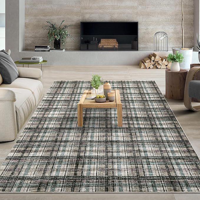 Washable Rugs 9x12 Rug for Living Room Modern Bedroom Rug Contemporary Large Area Rug Non Slip Throw Rugs Soft Stain Resistant Carpet for Office Dining Room 9'x12' Teal&Dark Brown