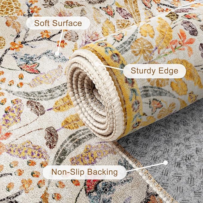 AMTOVO 2.7x8 Runner Entryway Rug for Hallway, Washable Non-Slip Long Kitchen Carpet, Floral Vintage Distressed Floor Mat for Hallways Bathroom Laundry Room Farmhouse, Golden Yellow