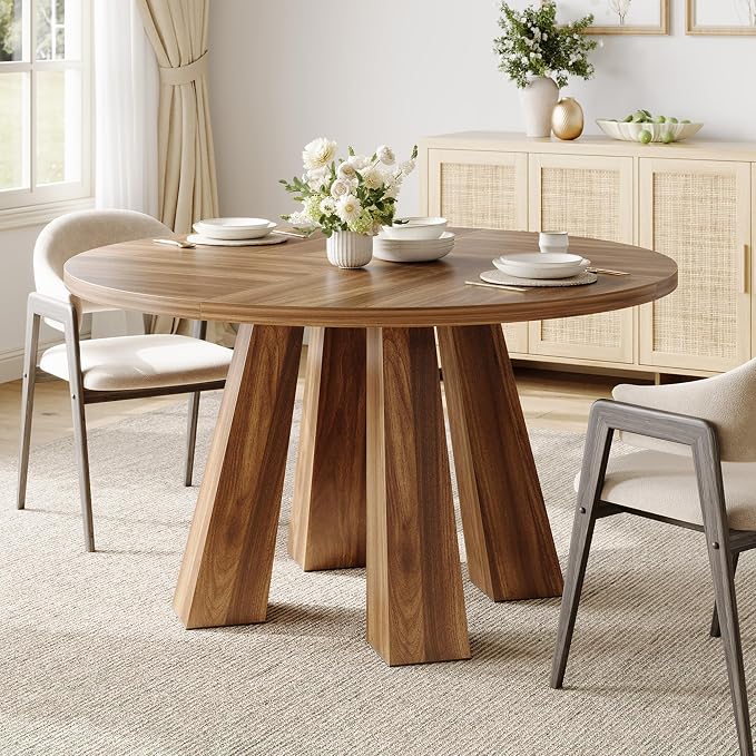 IDEALHOUSE 47" Round Dining Table for 4-6, Wood Kitchen Table with Sturdy Base, Farmhouse Circle Dinner Table for Dining Room, Living Room, 4 Strong Legs, Walnut