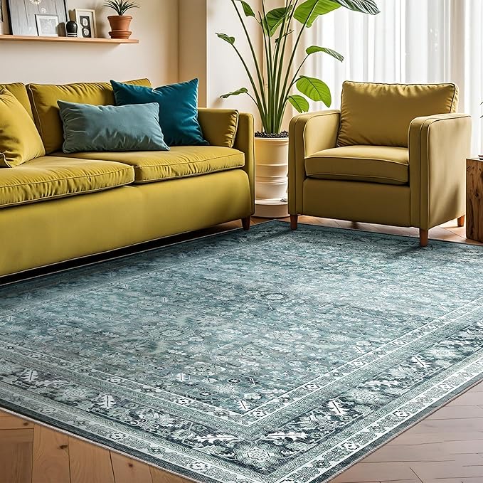 OPPODREAM Vintage Teal Area Rugs 8x10, 8 x 10 Retro Washable Rug Non Slip, Low-Pile Faux Wool Carpet, Distressed Floor Mat for Living Room, Bedroom, Office, Dorm, Dinning Room, Big & Large