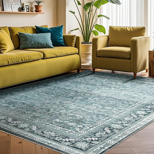 OPPODREAM Vintage Teal Area Rugs 5x7, 5 x 7 Retro Washable Rug Non Slip, Low-Pile Faux Wool Carpet, Distressed Floor Mat for Living Room, Bedroom, Kitchen, Office, Dorm, Dinning Room