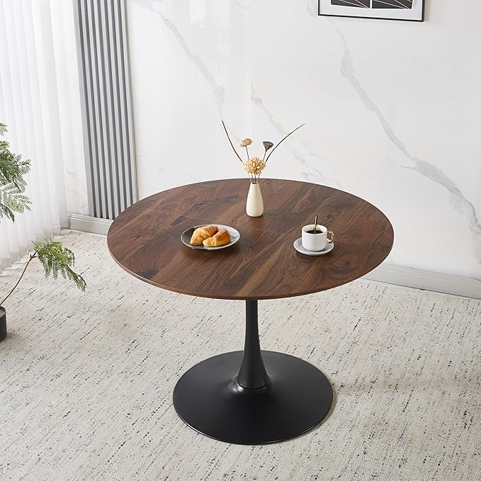 KEIKI 42.1" Round Dining Table, Mid Century Modern Bistro Table with Thickened MDF Tabletop & Metal Pedestal, for 4-6 People, Small Places, Cafe, Kitchen, Living Room, Walnut