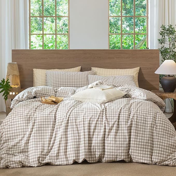 MooMee Gingham Duvet Cover Set 100% Washed Cotton Linen Like Textured Breathable Durable Soft Comfy Modern Checkered Design (Tannish Linen Grey Gingham, Twin 68"x90")